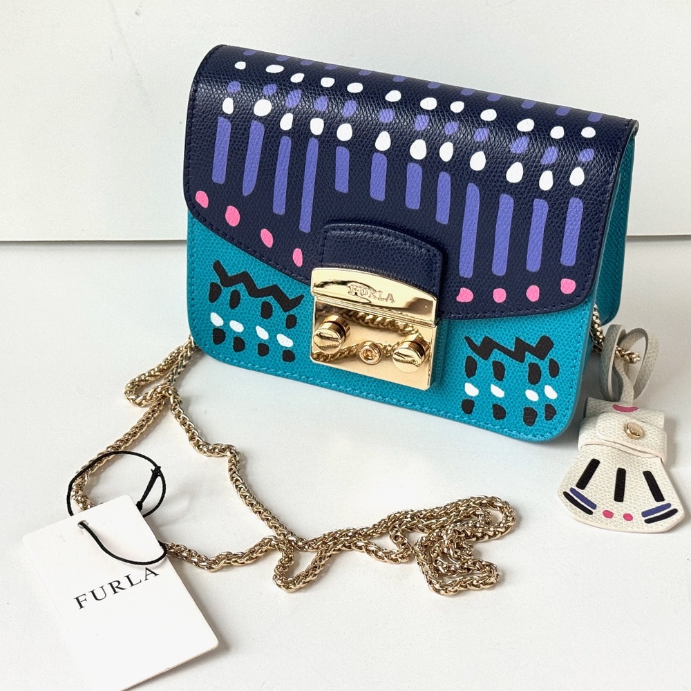 Furla Blue Leather Mini Crossbody Shoulder Bag with Gold Tone Chain Strap - New